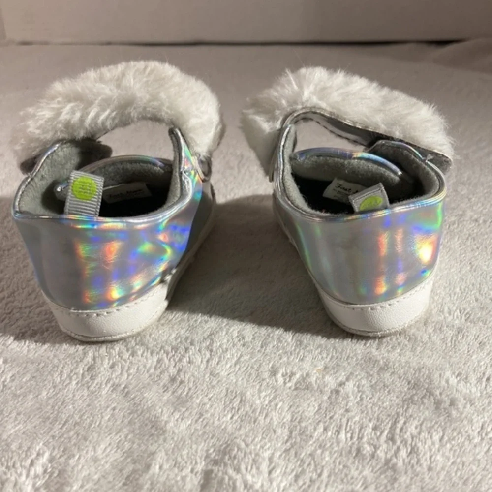 First Steps Silver Hologram Faux Fur Baby Shoes